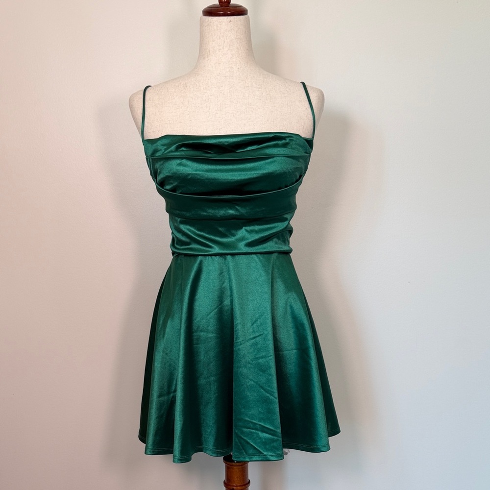Lucy in the Sky Emerald Satin Cowl Neck Mini Dress NWT